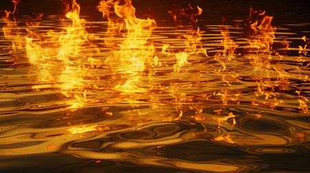 Golden reflections of fire on the surface of a quiet reservoir.の素材