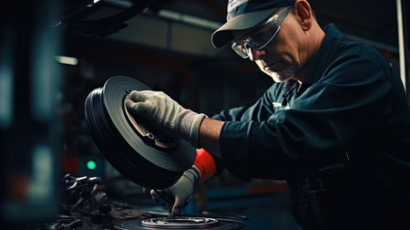 Auto repair specialist replacing brake pads.の素材