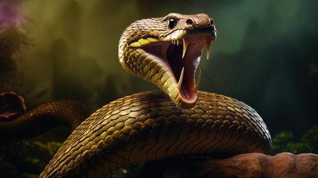 A snake takes an attacking pose with a raised head.の素材