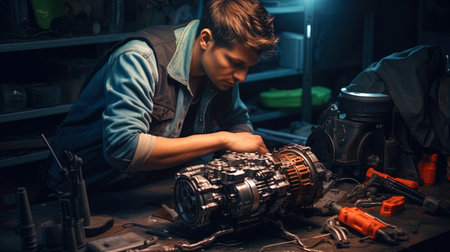 Mechanic engaged in the repair of transmission.の素材