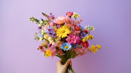 A bouquet in hands, created from summer colors reminiscent of happy moments.の素材