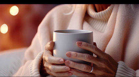A cozy portrait of a middle aged woman in a sweater holding a cup of hot drink.の素材