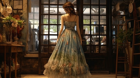 A girl in a dress with a floral pattern, standing at an antique store.の素材