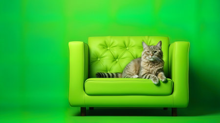 A cat sofa in front of a bright green background, as if in a studio.の素材