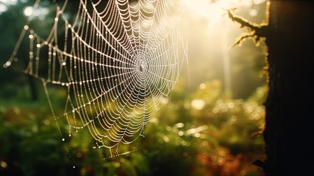 A close frame covered with dew a spider web in the morning forest.の素材