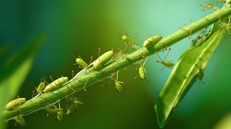 A close plan of aphids on the stem of the plant.の素材