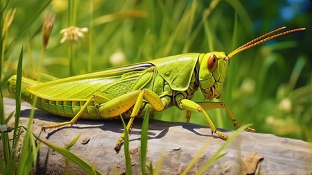 A close plan of the grasshopper on the grass.の素材