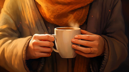 A cozy portrait of a middle aged woman in a sweater holding a cup of hot drink.の素材