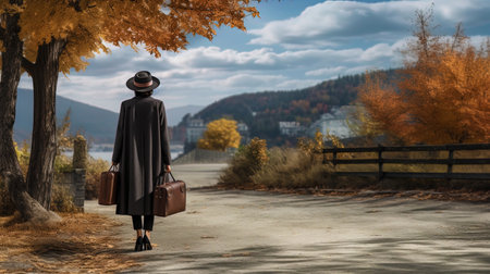 A lady in a long coat and hat, with a suitcase, walking along a paved path.の素材
