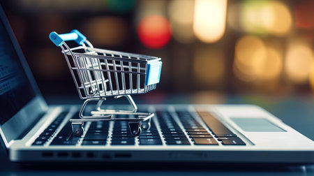 A small shopping cart in front of a laptop.の素材