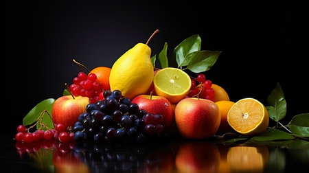 A composition of abstract fruits on a dark background.の素材