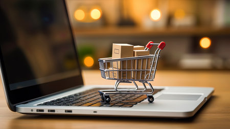A small shopping basket in front of the laptop.の素材