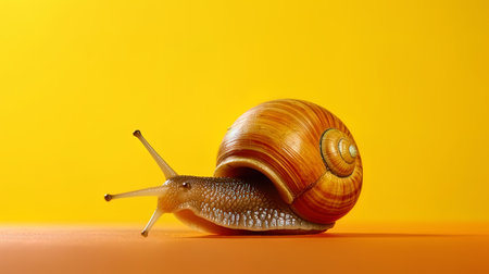 A funny snail on a bright yellow background, as if in a photo studio.の素材