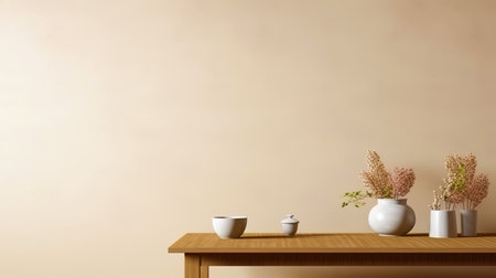 An empty beige wall in the dining room as an ideal place for art.の素材
