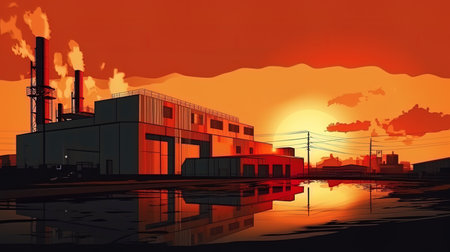 Abstract factory buildings against the background of sunset.の素材