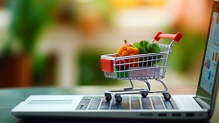 A small shopping basket in front of the laptop.の素材