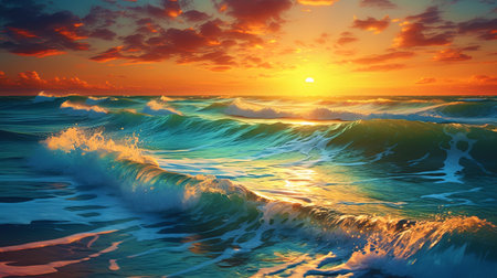 A sea of turquoise waves against the background of a shining sunset.の素材