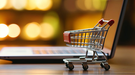 A miniature shopping trolley at a laptop awaiting actions.の素材