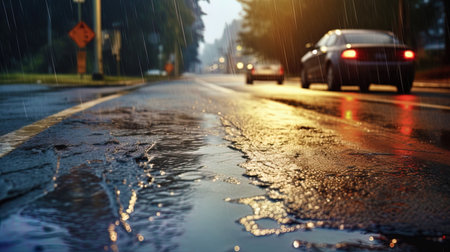 Abstract traces of cars on a wet road.の素材