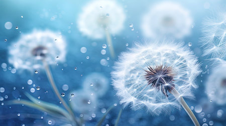 Delicate water beads on fluffy dandelion seeds.の素材