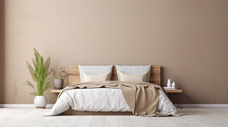 Beige bedroom with an empty wall layout as an empty canvas.の素材