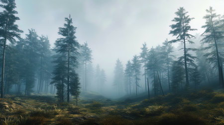 Fog forest with intricate trees.の素材
