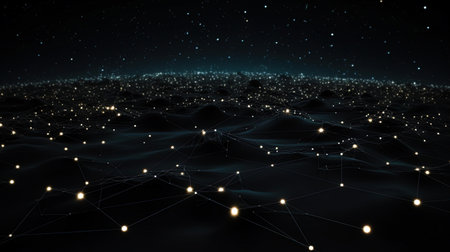 Digital constellations flickering in black, endless darkness.の素材