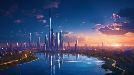 Futuristic city landscape in the evening light.の素材