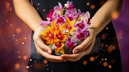 Gift hands with an exotic bouquet of orchids.の素材