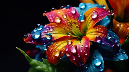 Multi colored drops of water on the macroclinks of the flower.の素材