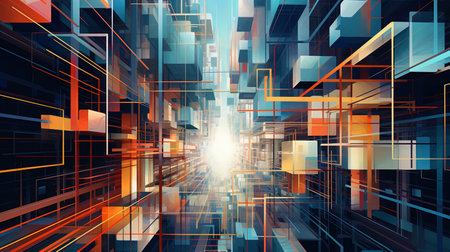 Digital schemes intertwining their lines in geometric patterns.の素材