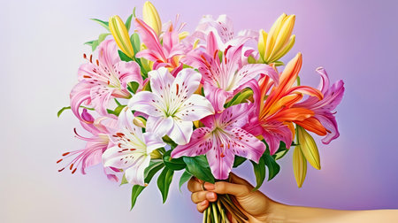 Gift hands carrying a bouquet of Alstromeria and Call.の素材