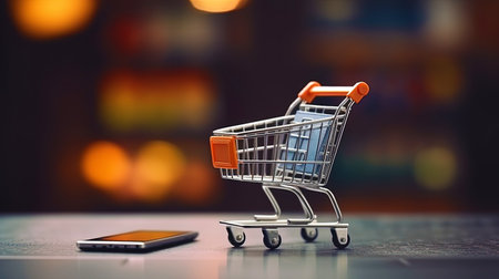 A small shopping cart near the laptop.の素材