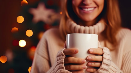A middle aged lady in a cozy sweater with a smile, holds a cup with a hot drink in her hands.の素材