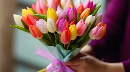 Gift hands with a picturesque bouquet of multi colored tulips.の素材