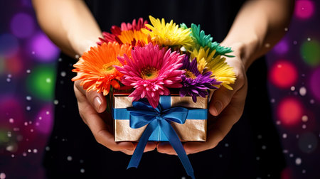 Hands holding out a fragrant gift with a mix of multi colored gerber.の素材