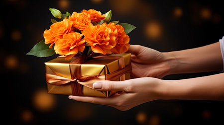 Hands with a gift from orange carnations and golden roses.の素材
