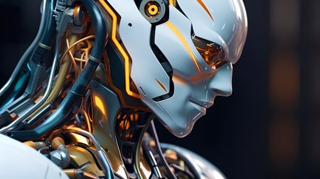 The close up of the upper half of the body of the futuristic male robot in intensive color scheme.の素材