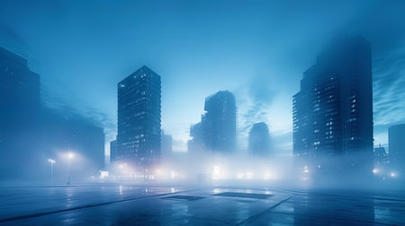 Modern buildings in the fog reflecting light.の素材