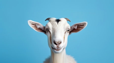 Portrait of a sweet goat on a blue background.の素材