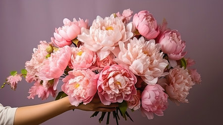 The close up of the hands holding a luxurious bouquet of peonies.の素材