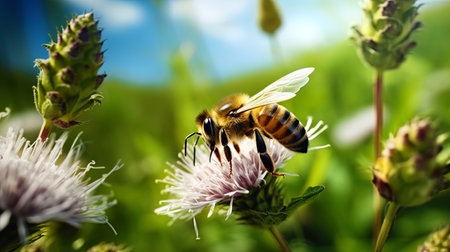 The slow movement of the bee in search of nectar.の素材