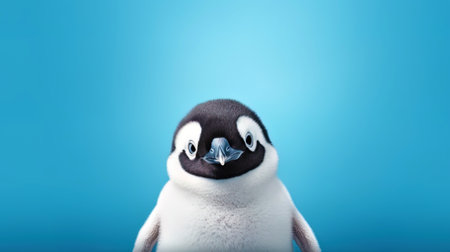 Portrait of a sweet penguin on a blue background.の素材