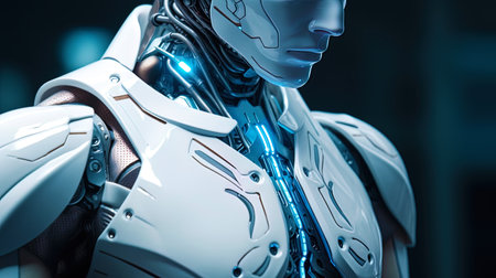 The close up of the upper body of the futuristic male robot is bright.の素材