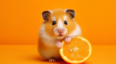 Portrait of a sweet hamster on an orange background.の素材