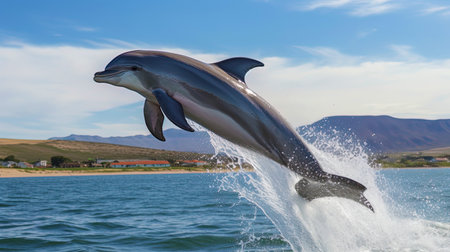 A surprised dolphin jumping out of the water.の素材