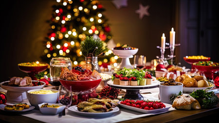A decorated Christmas table with a variety of dishes and snacks.の素材