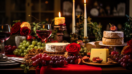 A decorated table at Christmas, where each dish is a real work of art.の素材