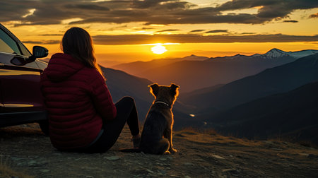 A relaxing sunset in the mountains, where a girl, her devoted pet and a car create a peaceful pictu.の素材