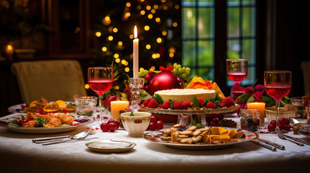A decorated table at Christmas, where each dish is a real work of art.の素材